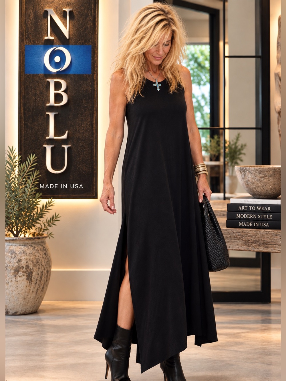 Noblu, Luxury,Black Sleeveless Maxi Dress Side Slit Stretch Cotton Blend Size L